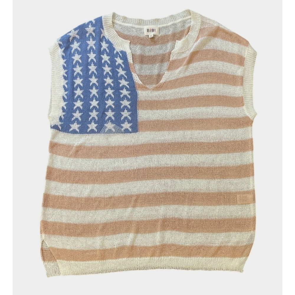 BiBi Women Patriotic Americana Sweater Vest American Flag Knit Tan Blue XL